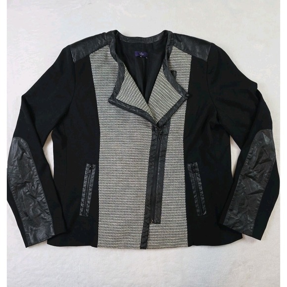 NYDJ Jackets & Blazers - Nydj Ponte Tweed Jacket Blazer Faux Leather Trim Black XLarge Asymmetrical Zip